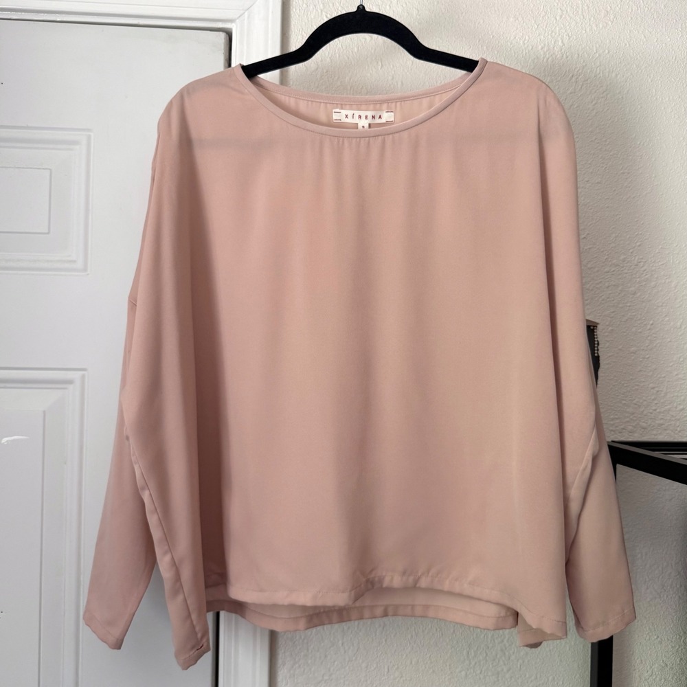 NWT XIRENA dusty rose blush pink satin boat long sleeve boxy blouse shirt top